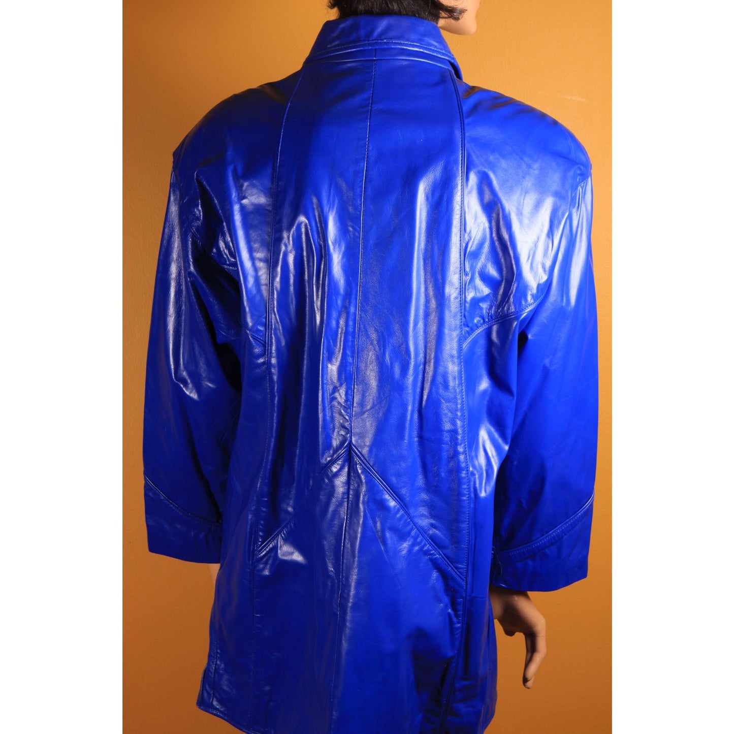 1980s Bright Blue Leather Button Down Long Sleeve Coat by Comint Leather -S