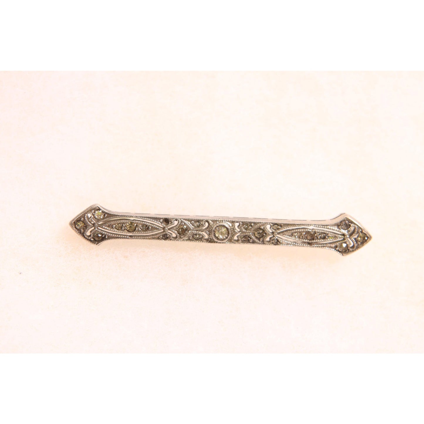 Antique 1920s Sterling Silver Marcasite Rhinestone Art Deco Bar Brooch