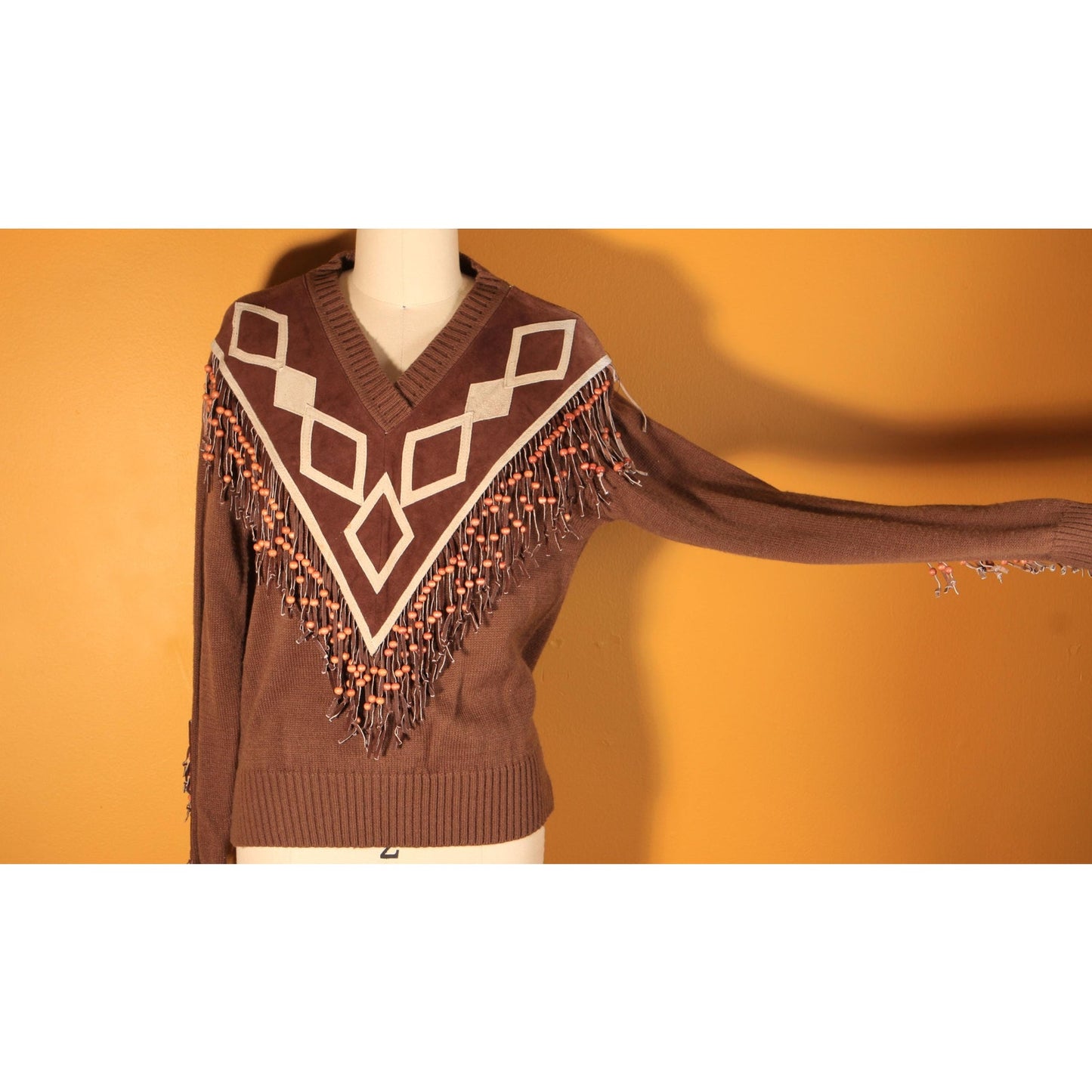 1970s Brown Suede Leather Fringe Beaded Pullover Sweater by Miller Miller Miller -L