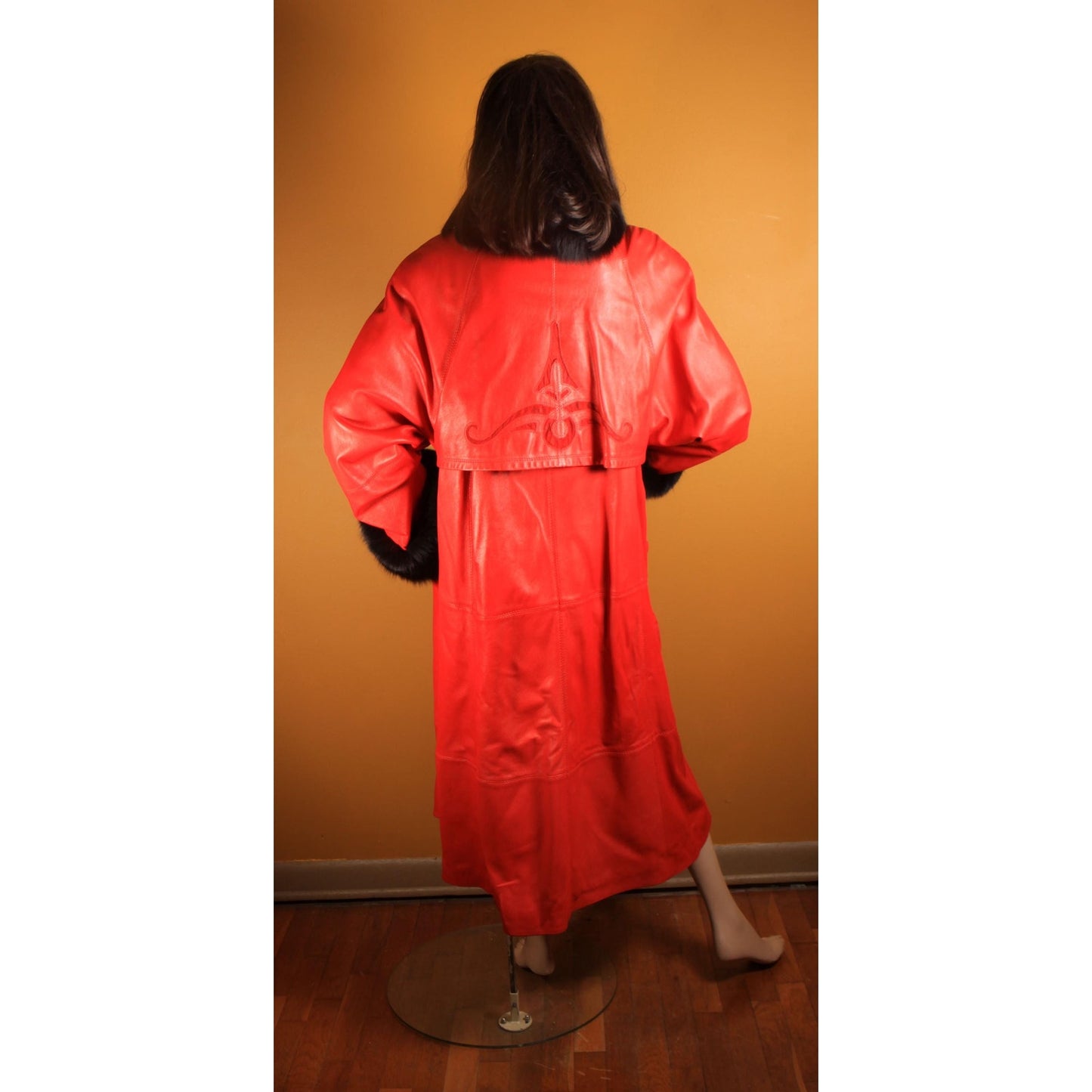1980s Red Leather and Black Fox Fur Trim Long Sleeve Coat by McDaniel's -XL