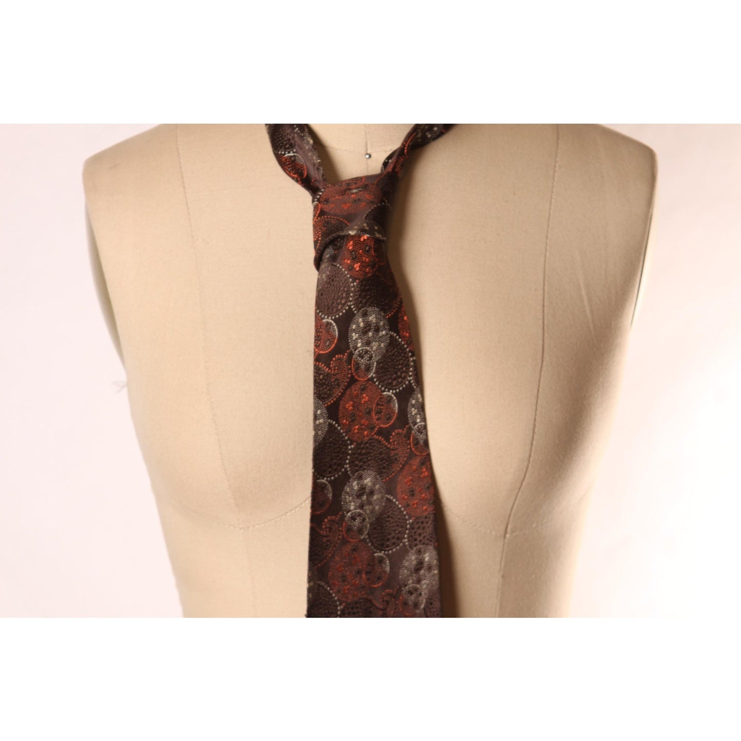 1960s Brown, Orange and White Paisley Circle Mod Print Necktie Tie by Fisher Miller Beau Brummell