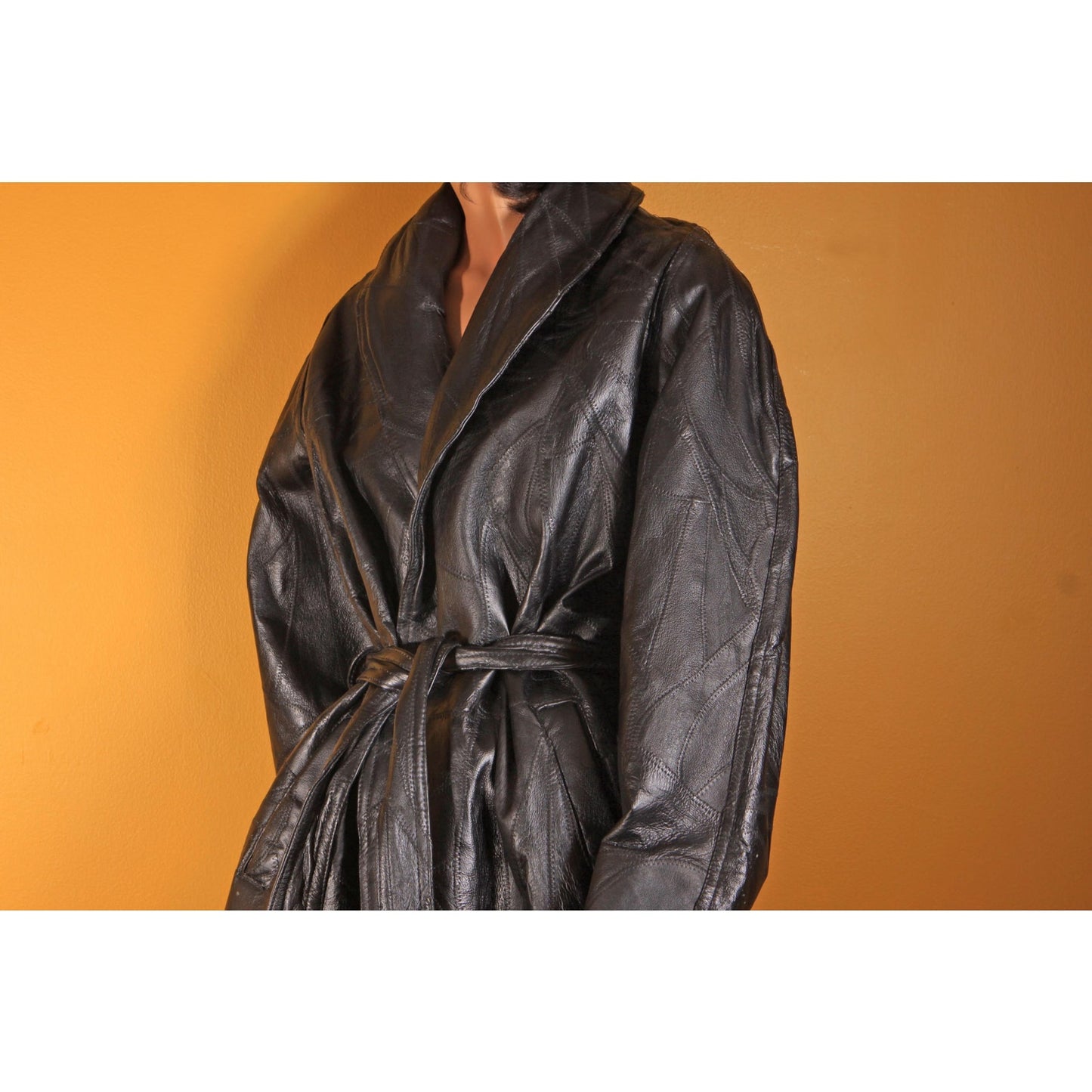 1980s Black Leather Patchwork Long Sleeve Coat - XXL