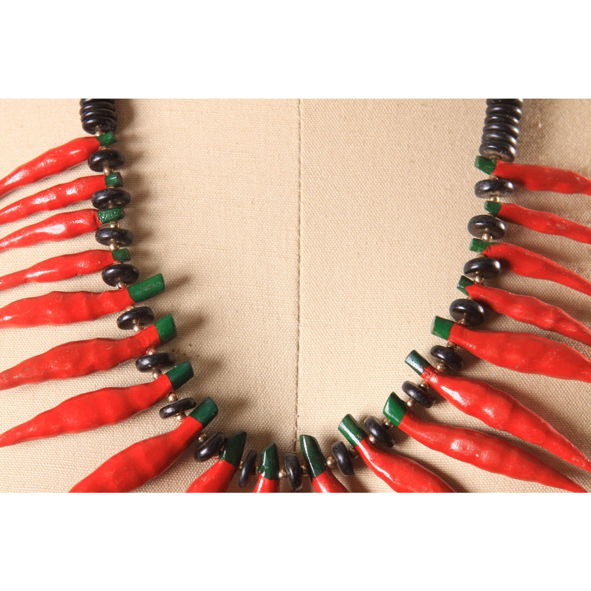 1970s 1980s Black and Red Wood Beaded Novelty Hot Chili Peppers Necklace