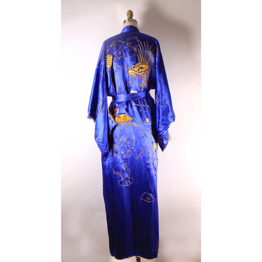 1950s Blue, Gold and Red Novelty Japanese Dragon Waist Tie Robe Kimono-L