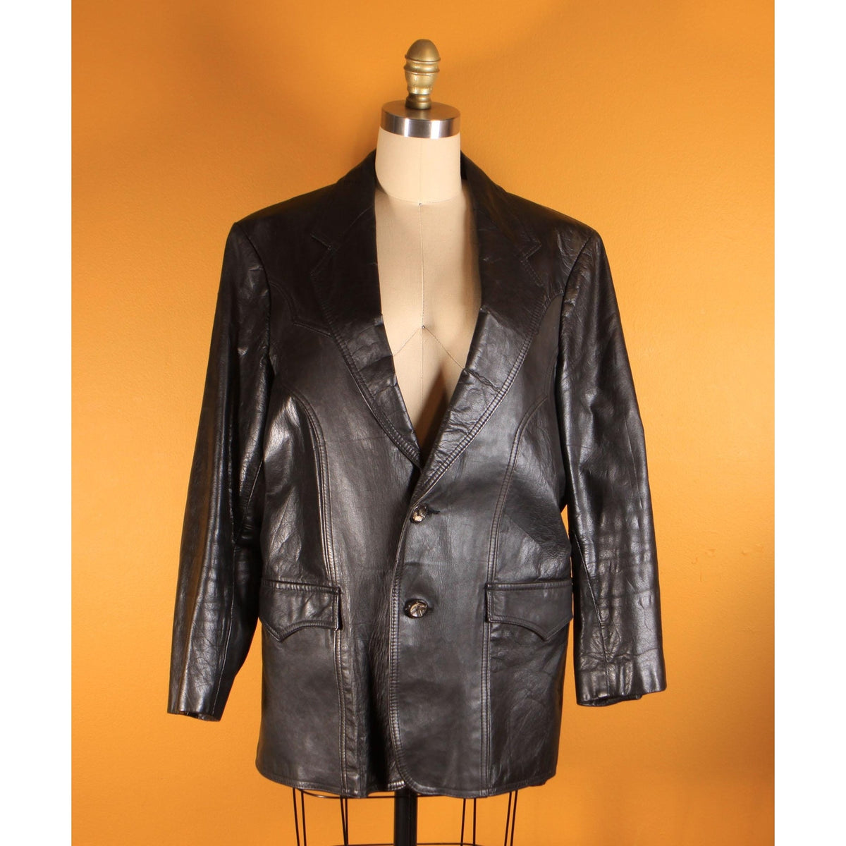 1970s Black Leather Western Style Long Sleeve Lined Mens Jacket by Pioneer Wear -L