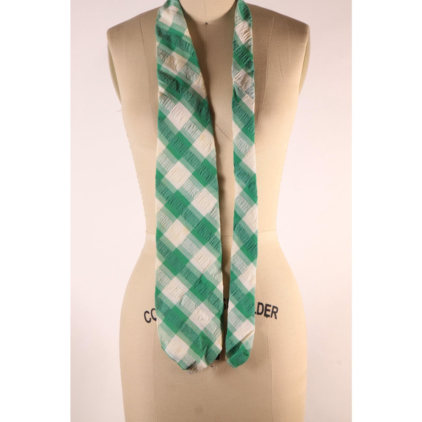 1970s White and Green Plaid Wide Necktie Tie