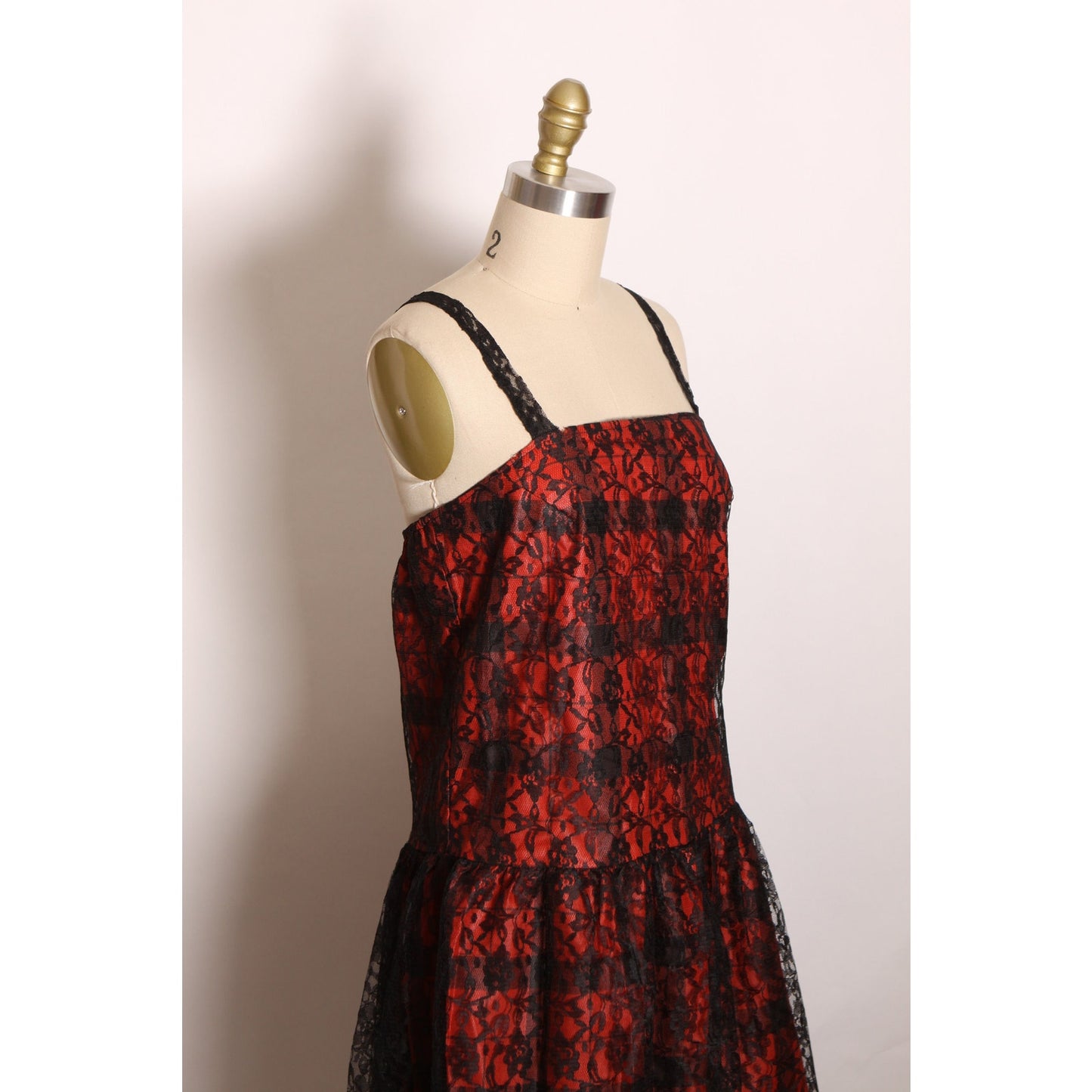 Deadstock 1970s Black and Red Gothic Lace and Plaid Print Lace Strap Sleeveless Dress by Purrr’s -S-M
