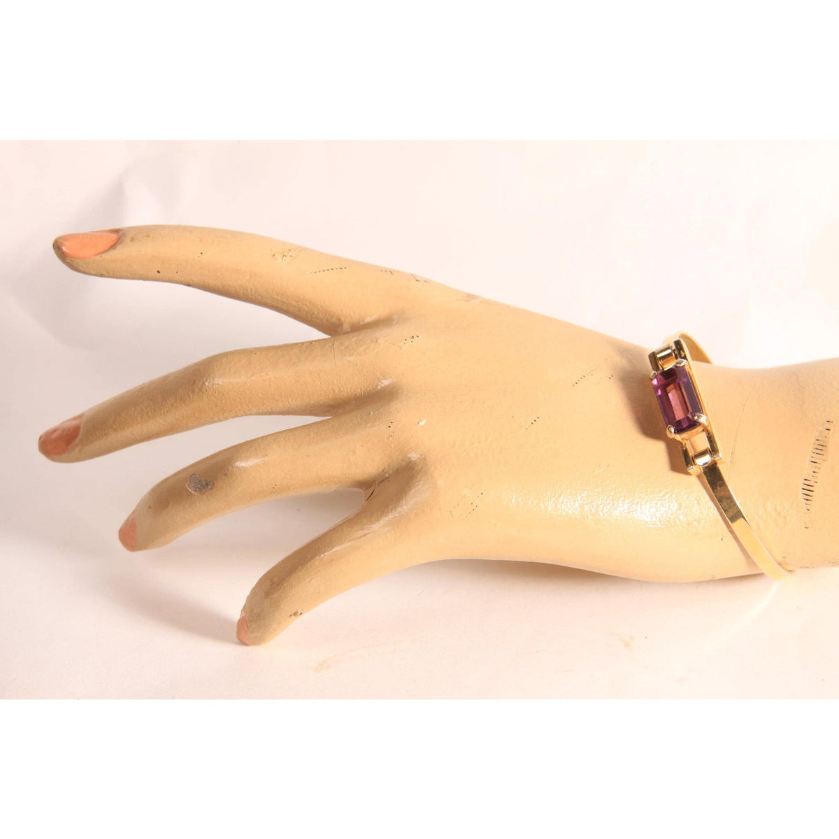 1970s Gold Tone Metal and Dark Purple Square Faux Amethyst Stone Bracelet by Avon
