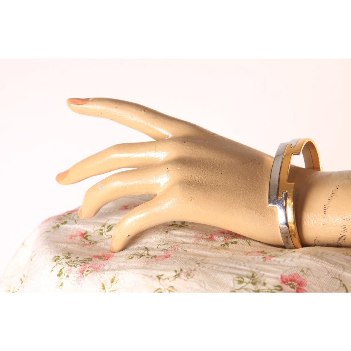 Late 1970s Early 1980s Silver Tone and Gold Tone Metal Art Deco Style Cuff Bracelet by Avon