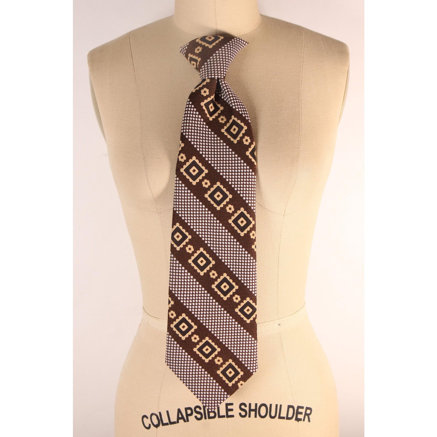 1960s Brown and Cream Geometric Clip On Necktie Tie by Rhynecliffe