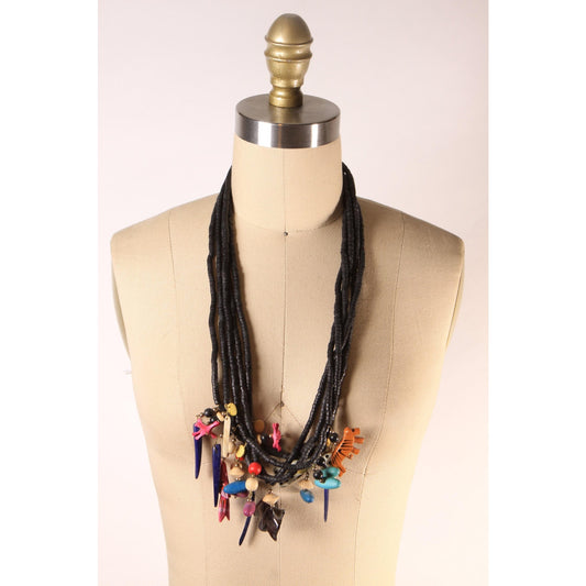 1980s Black and Multi-Colored Abstract Wood Beaded Novelty Animal Multi-Strand Necklace