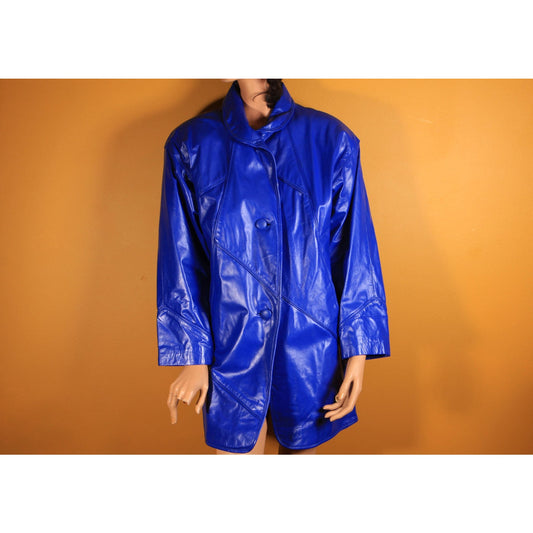 1980s Bright Blue Leather Button Down Long Sleeve Coat by Comint Leather -S