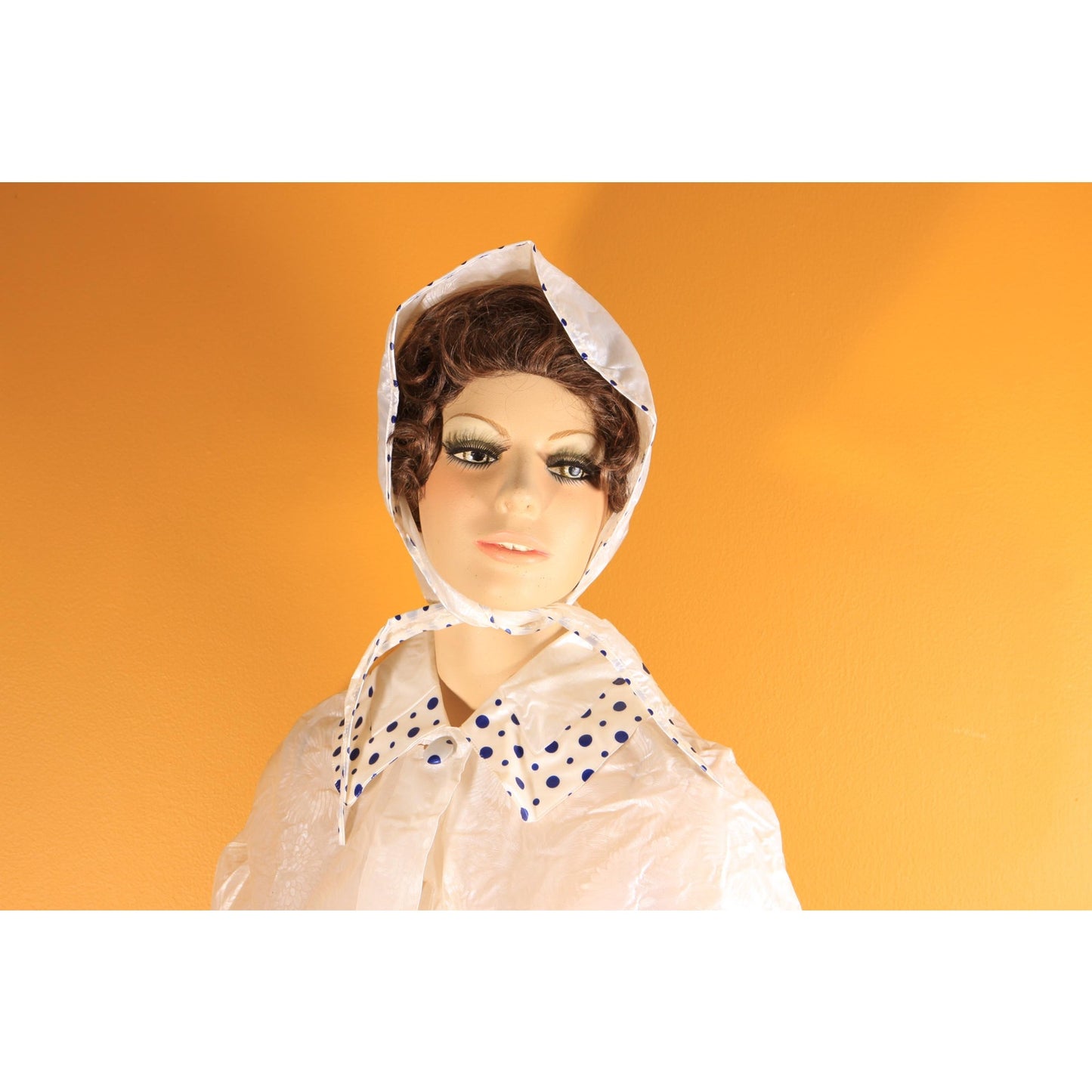 Deadstock 1960s Opaque White and Blue Polka Dot Trim Floral Textured Vinyl Raincoat Cape and Matching Rain Bonnet