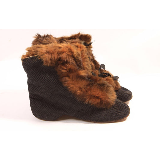 Antique 1800s Victorian Black and Brown Fur Lined and Fur Trim Lace Up Carriage Slipper Boots
