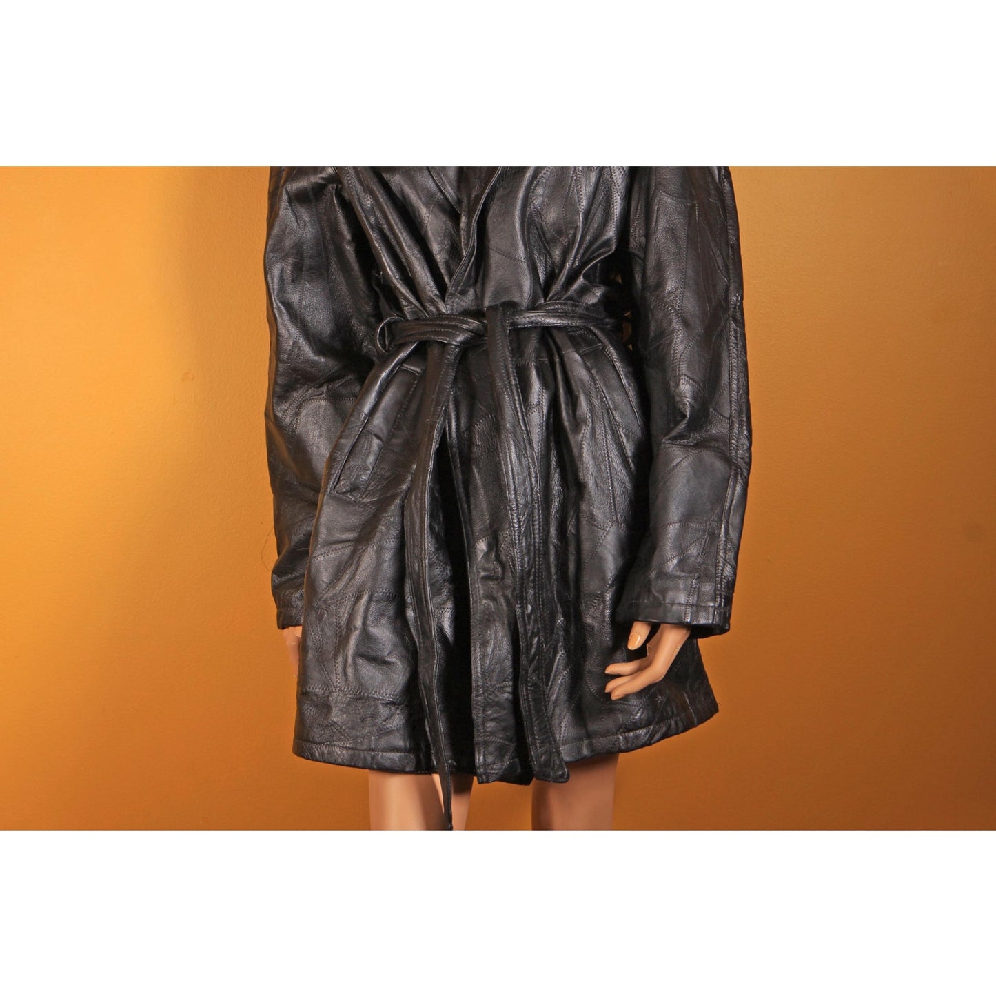 1980s Black Leather Patchwork Long Sleeve Coat - XXL