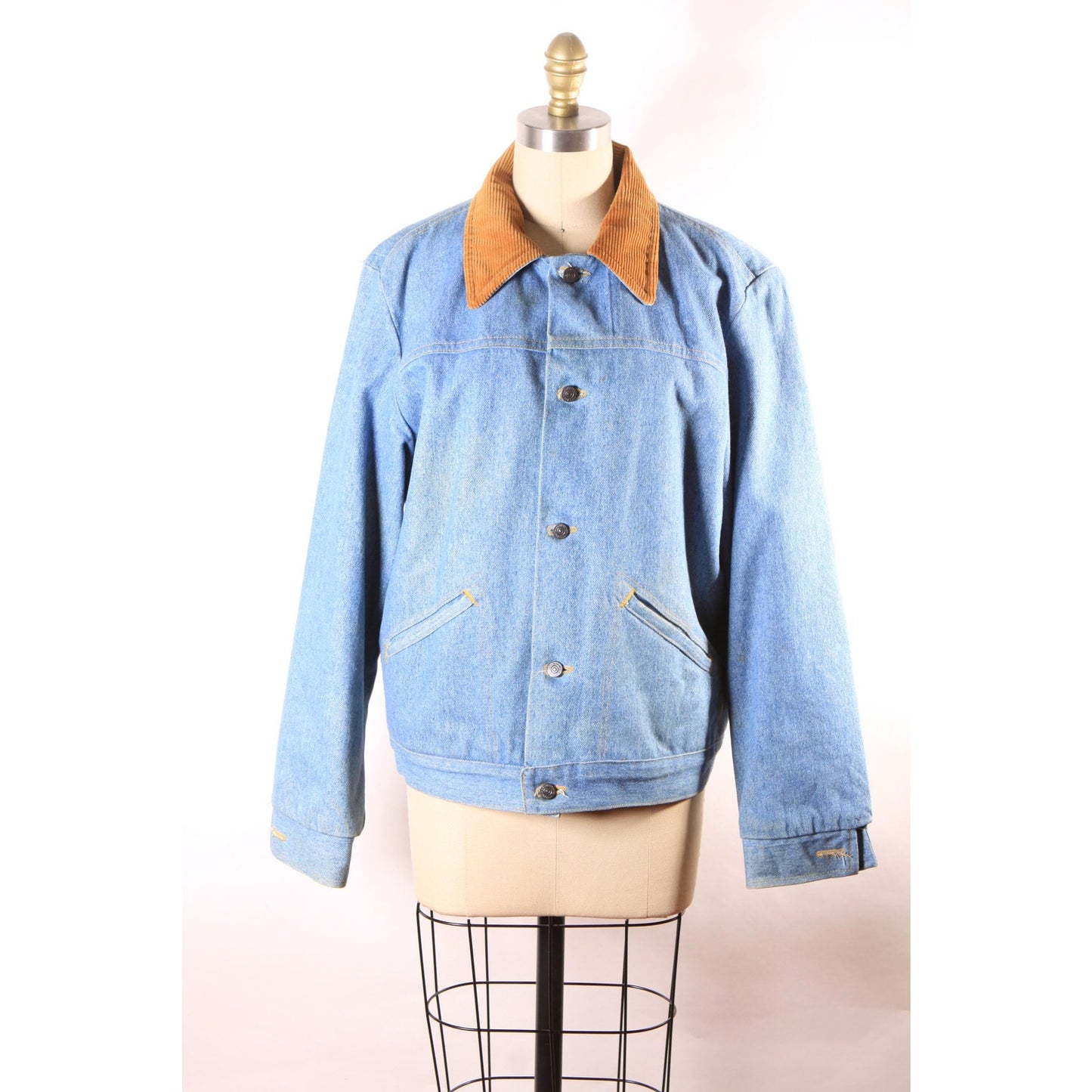 1970s Blue Denim Metal Snap Corduroy Trim Faux Fur Lined Western Work Wear Western Chore Coat by Wrangler -L