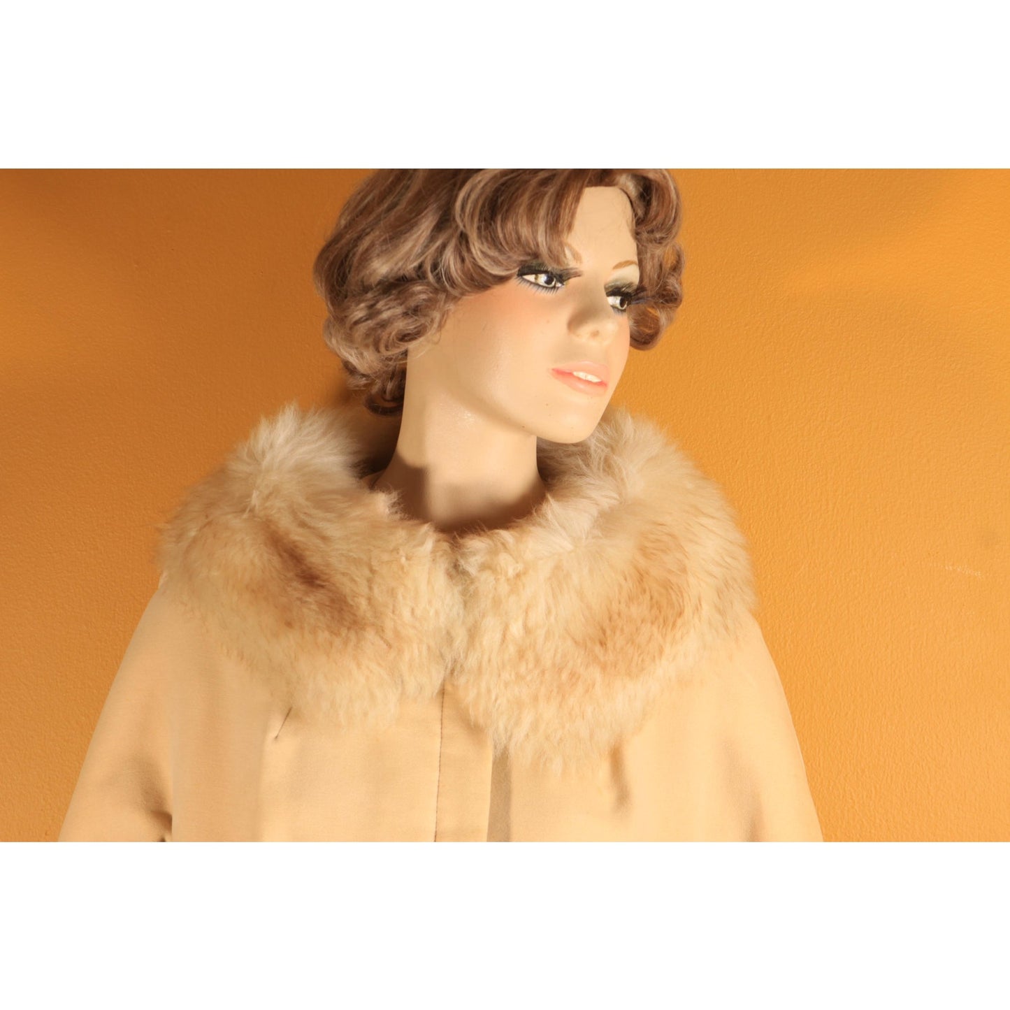 1960s Cream Tan Velvet Bracelet Sleeve Shearling Cuff and Collar Belted Coat by Country Pacer -M-L