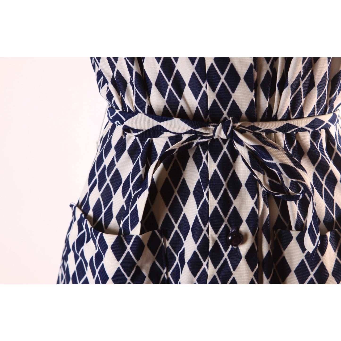 1960s Blue and White Harlequin Print Short Sleeve Belted Dress by RS Apparel -L