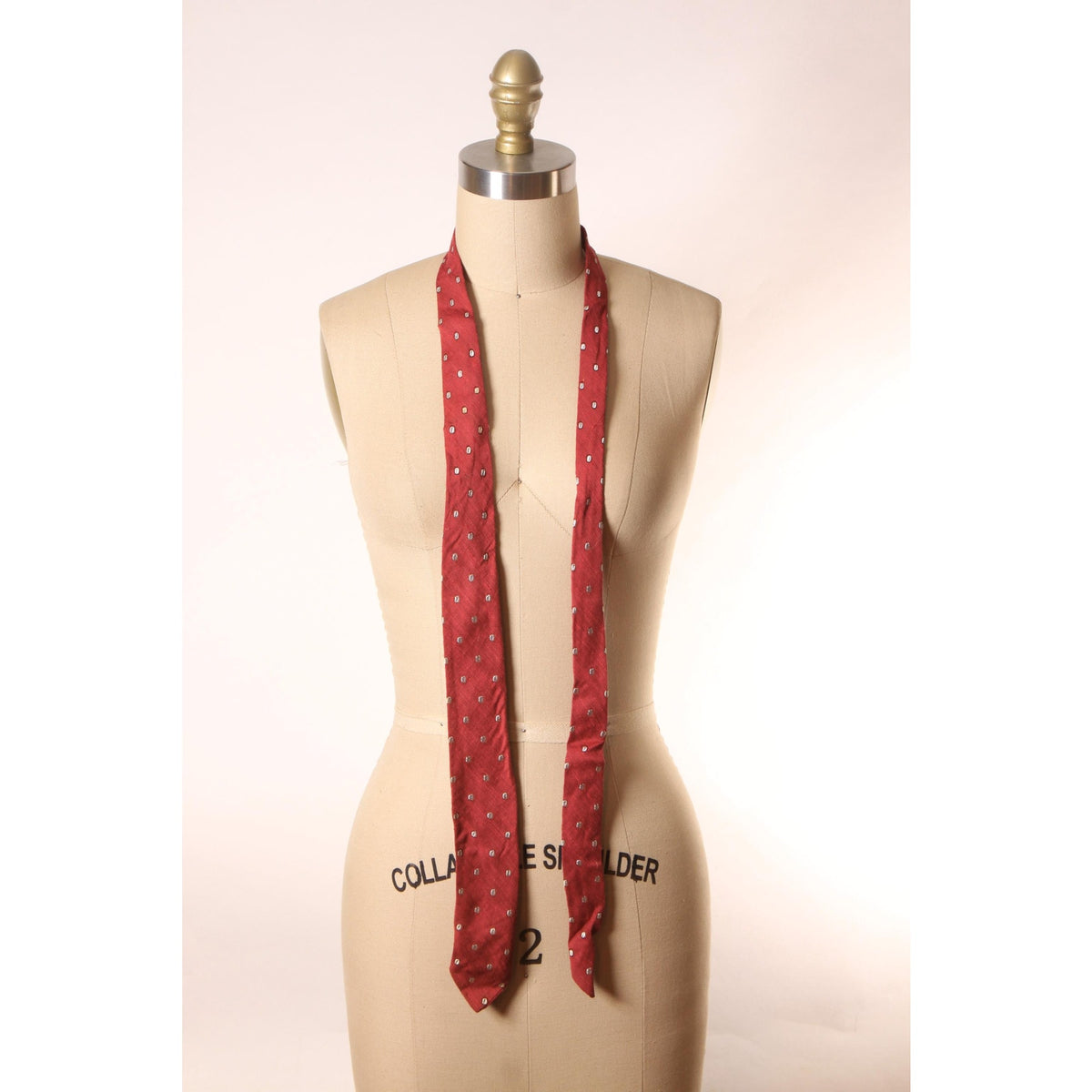 1950s Dark Red and White Coffee Bean Shape Polka Dot Print Skinny Necktie Tie by Beau Brummell