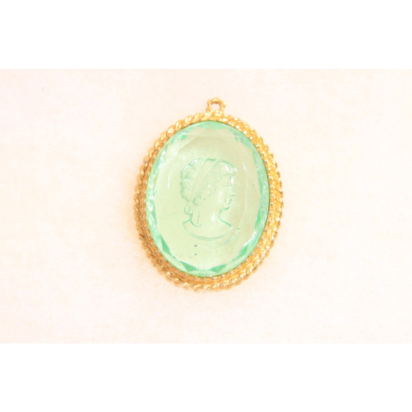 1970s Gold Tone Metal Blue Clear Glass Cameo Etched Glass Necklace Pendant