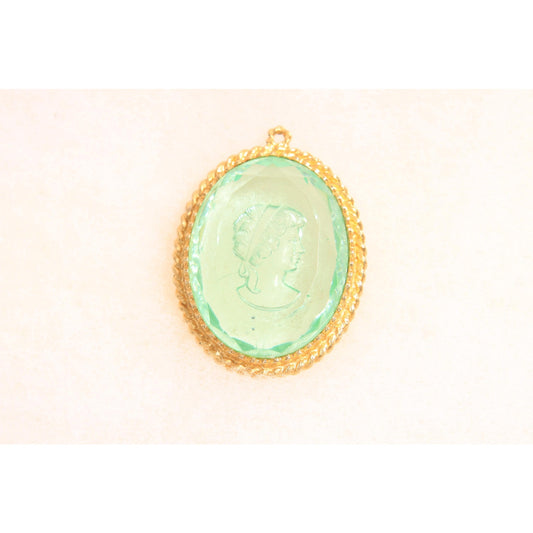 1970s Gold Tone Metal Blue Clear Glass Cameo Etched Glass Necklace Pendant