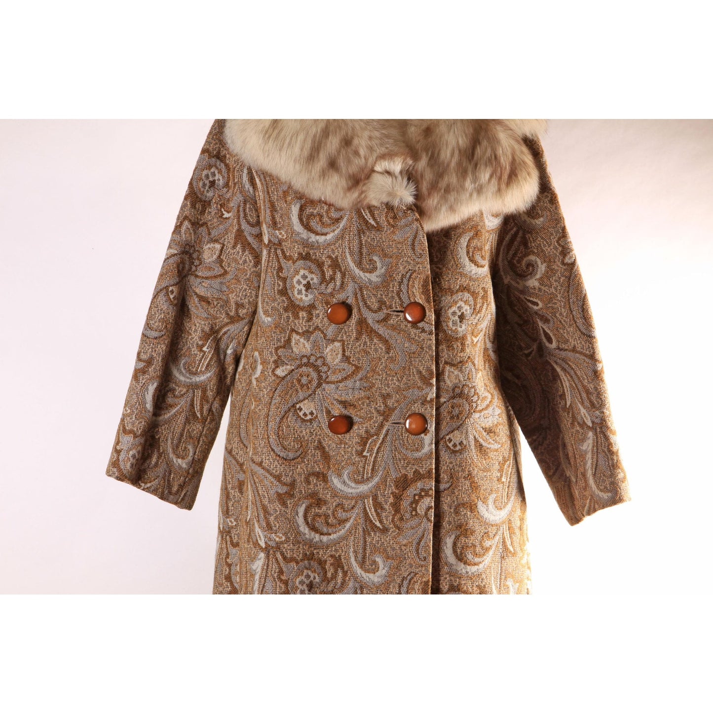 1960s Brown and Blue Gray Swirl Paisley Tapestry Fox Fur Collar Carpet Coat