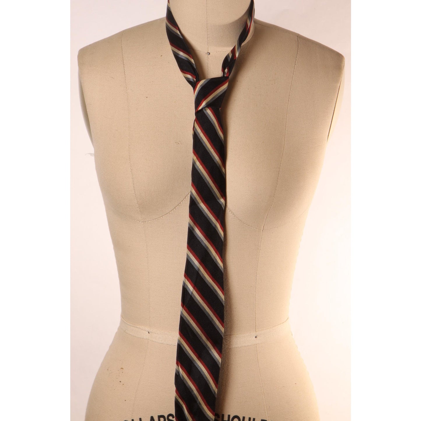1960s Black, Blue, White and Red Silk Striped Skinny Necktie Tie by Maurice Anderson