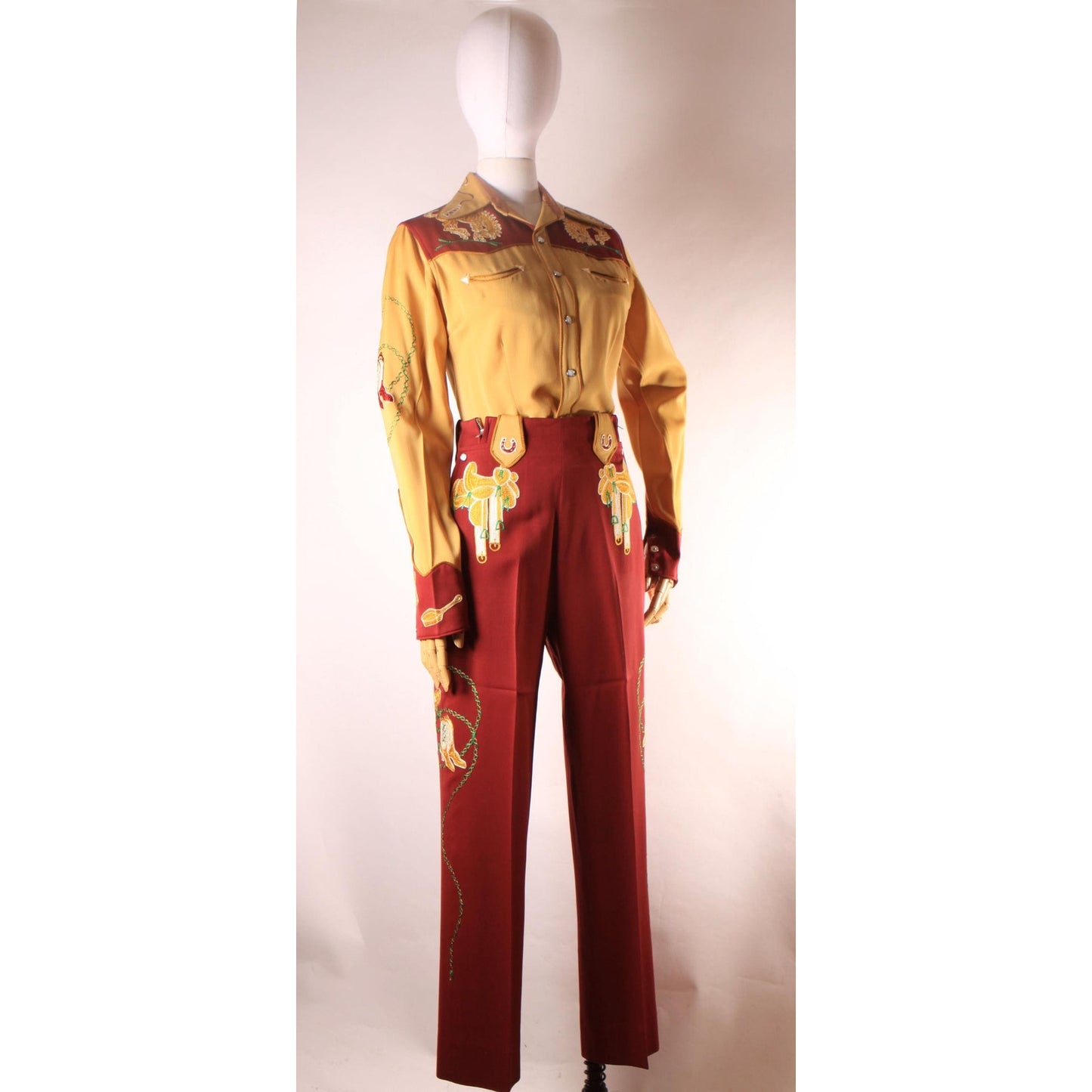 1940s 1950s Brown Cowgirl Novelty Horse Saddle Boots Longhorn High Waisted Pants and Pearl Snap Blouse Western Two Piece Outfit by Frontex