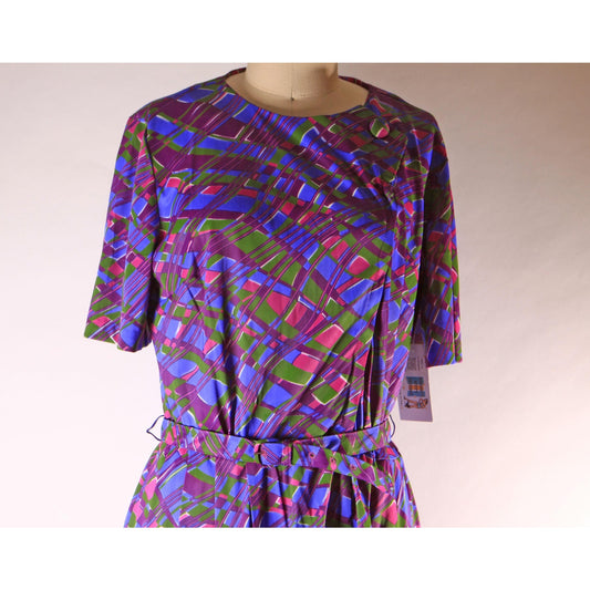 1960s Purple, Pink and Green Abstract Plaid Psychedelic Short Sleeve Belted Dress by Casualmaker -L