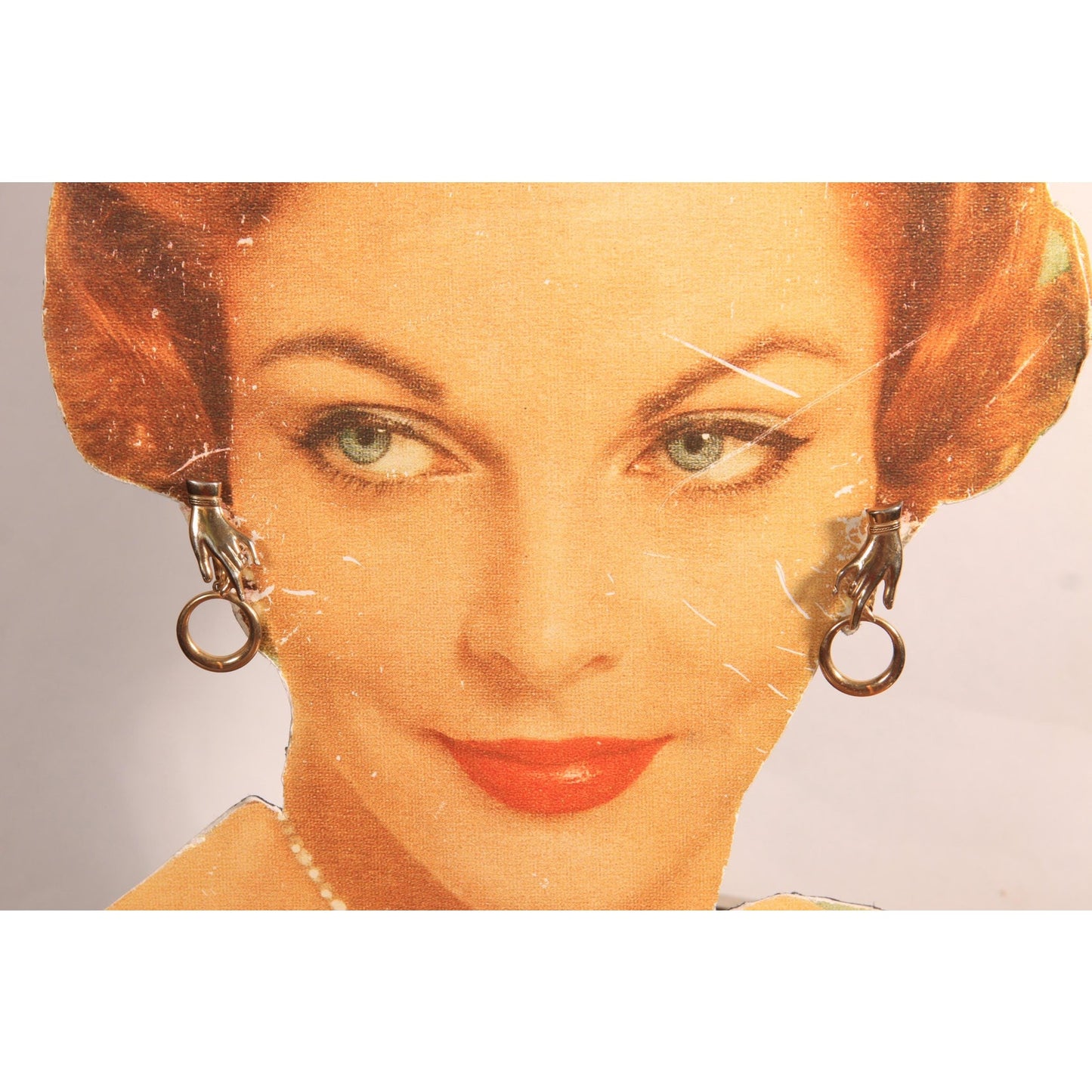 1950s Gold Tone Metal Novelty Hand and Circle Hoop Screw Back Earrings