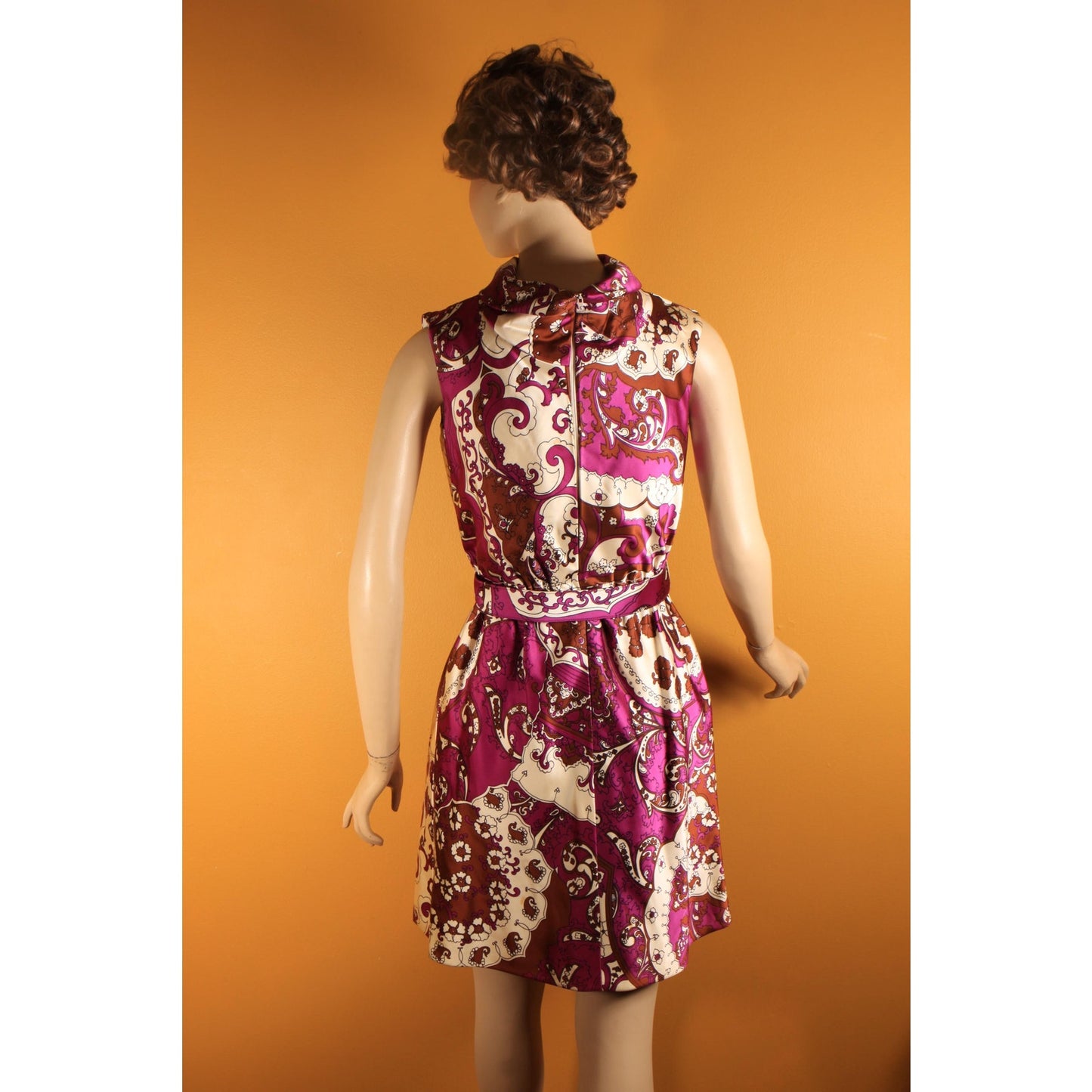1960s Purple, White, Black Brown Psychedelic Swirl Sleeveless Belted Dress with Matching Long Sleeve Jacket Two Piece Outfit by Leo Narducci