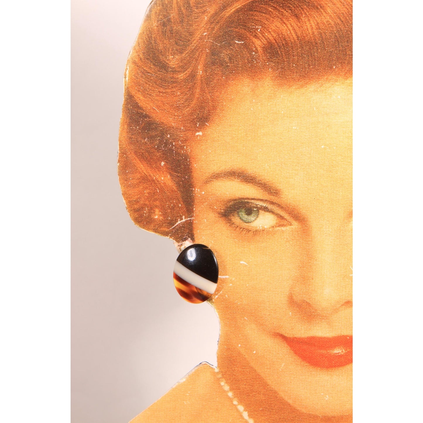 1980s Black, White and Brown Striped Plastic Stud Pierced Earrings