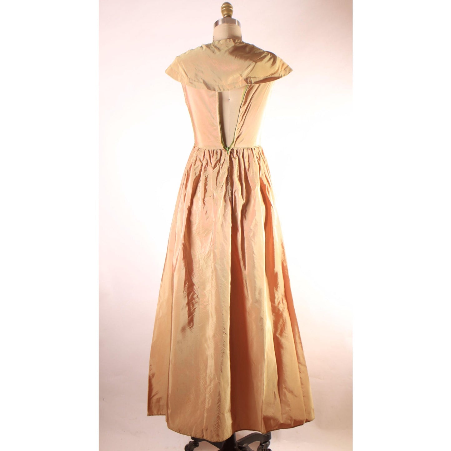1940s Bronze Brown and Green Sharkskin Acetate Sleeveless Attached Wrap Full Length Formal Prom Dress -XS