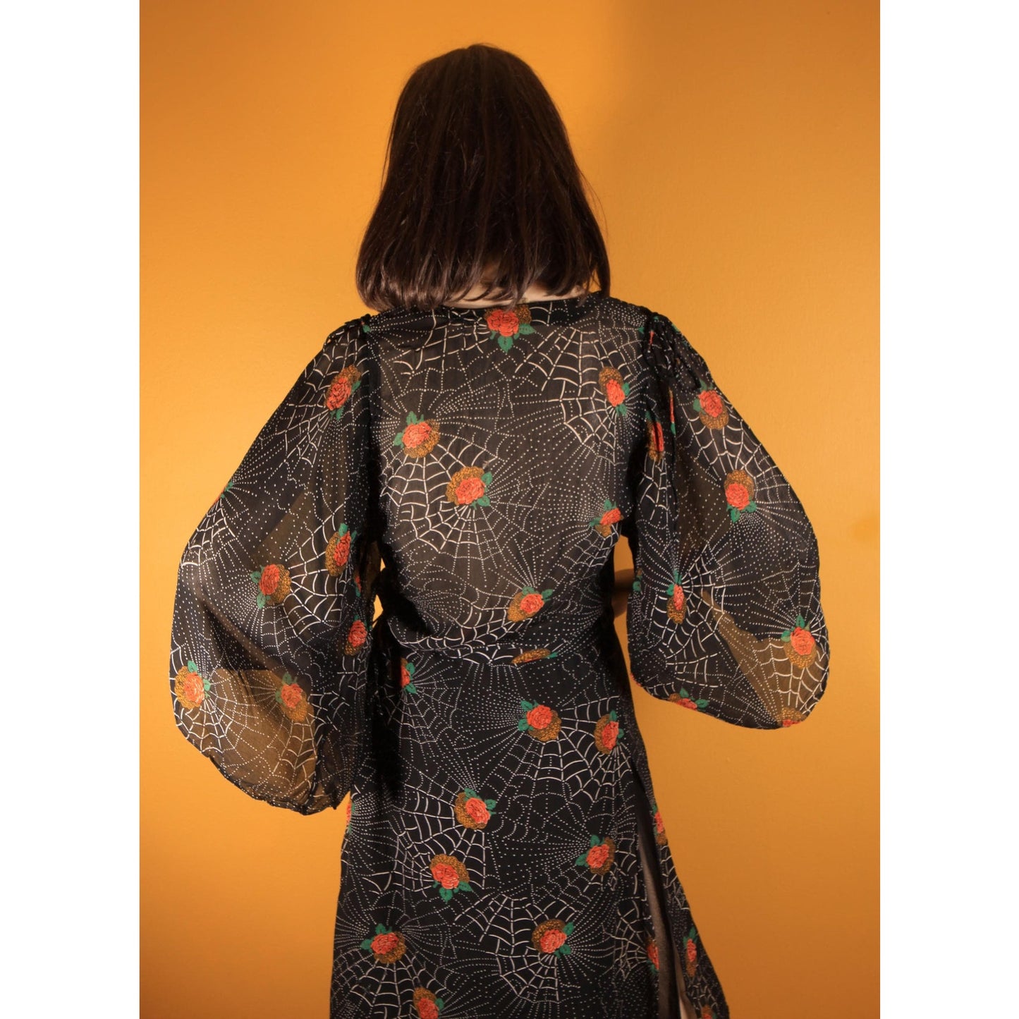 1970s Black, White and Red Novelty Spiderweb and Roses Print Sheer Dress by Saba -S
