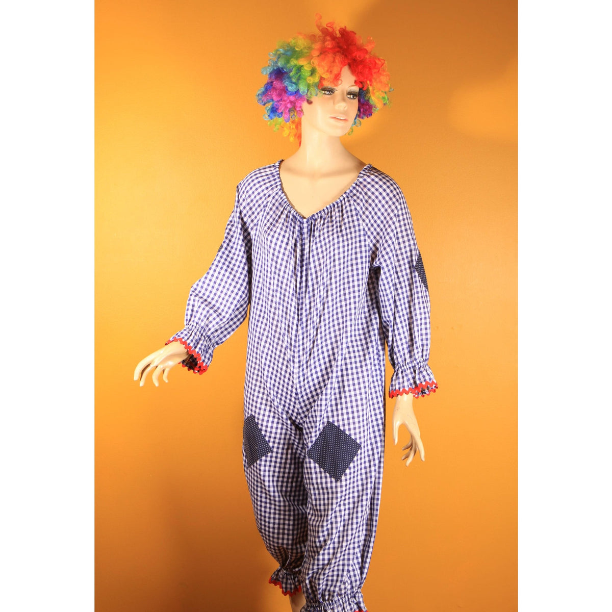 1960s 1970s Blue, White and Red Ric Rac Trim Patchwork Polka Dot One Piece Childs or Preteen Clown Costume