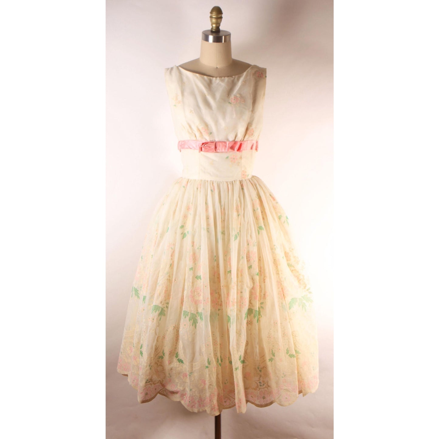 1950s Cream, Pink and Green Velvet Flocked Floral Pink Bow Detail Sleeveless Dress