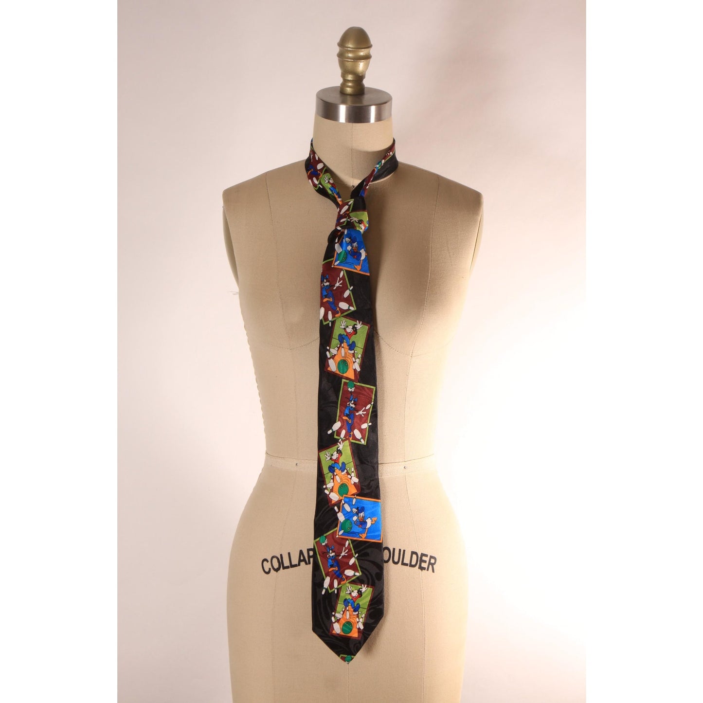 1990s Novelty Mickey Mouse Donald Duck and Goofy Bowling Necktie Tie by Mickey Unlimited