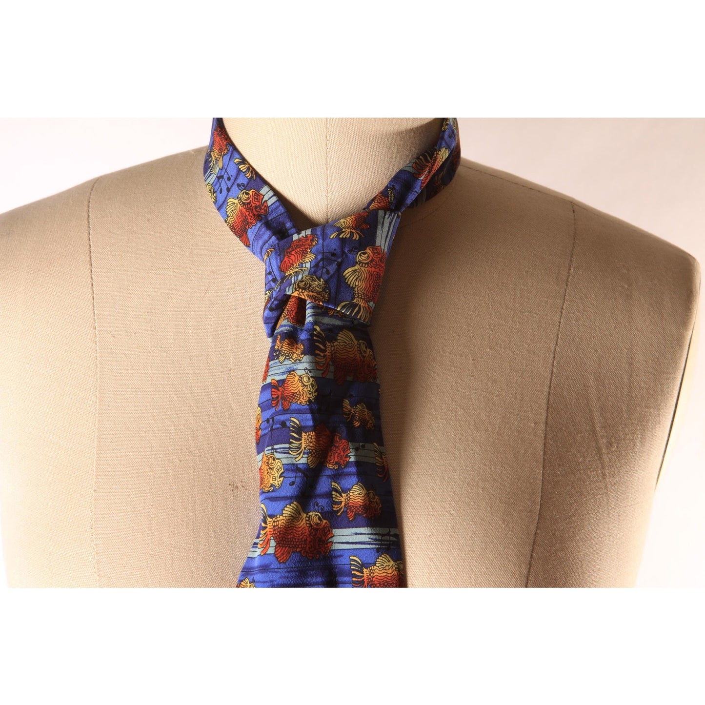 1980s 1990s Blue and Orange Novelty Fish Music Musical Note Necktie by J. Garcia