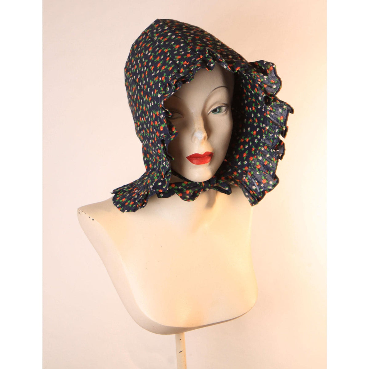 1970s Blue, Red, Yellow and White Floral Calico Prairie Bonnet Hat