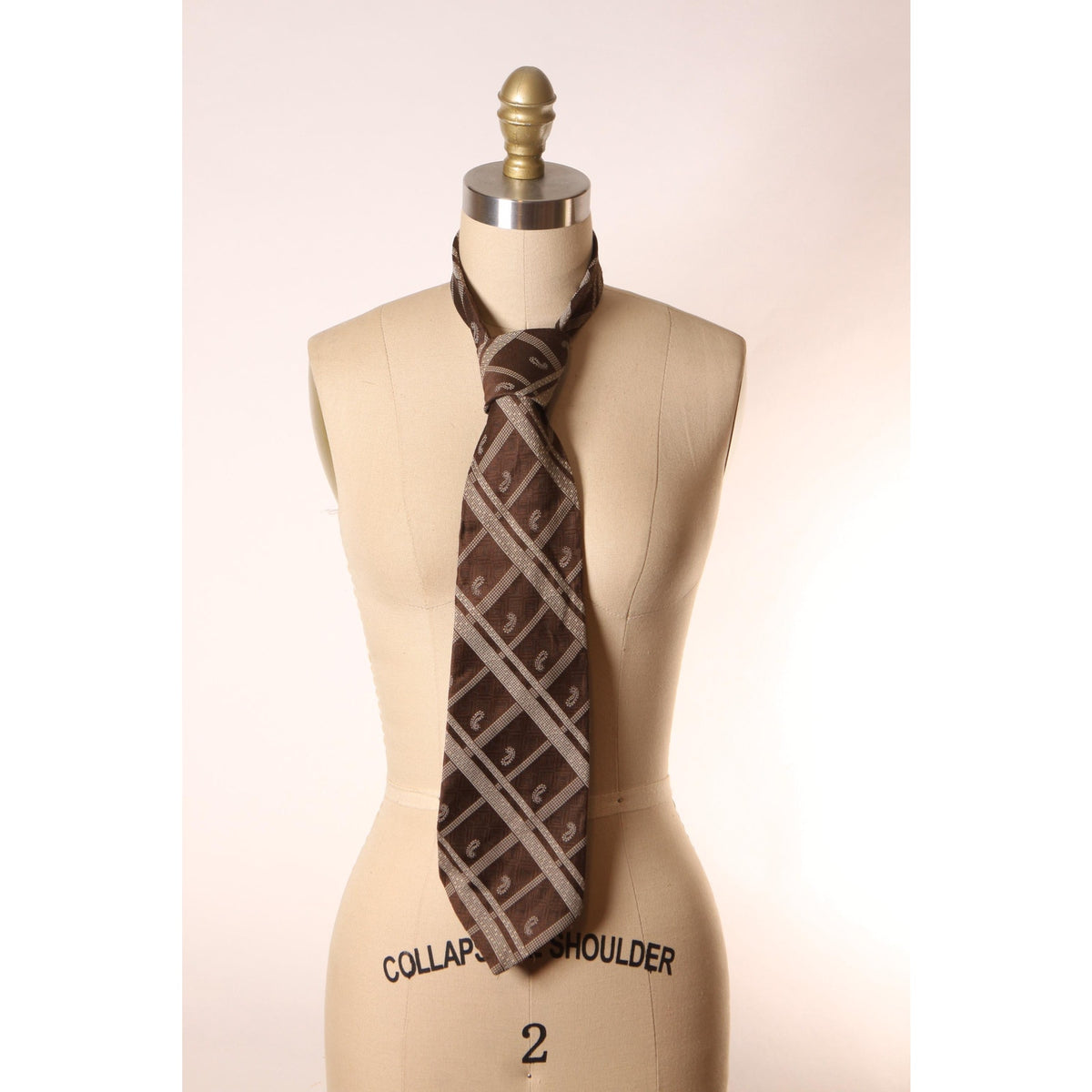 1970s Dark Brown and Tan Plaid and Paisley Wide Necktie Tie by JCPenney