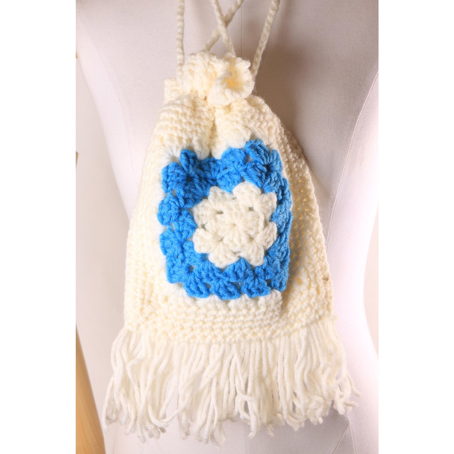 1970s White and Turquoise Blue Crochet Granny Square Drawstring Fringe Purse Bag