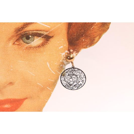 1960s Black Novelty Enamel Try It You'll Like It Screw Back Earrings