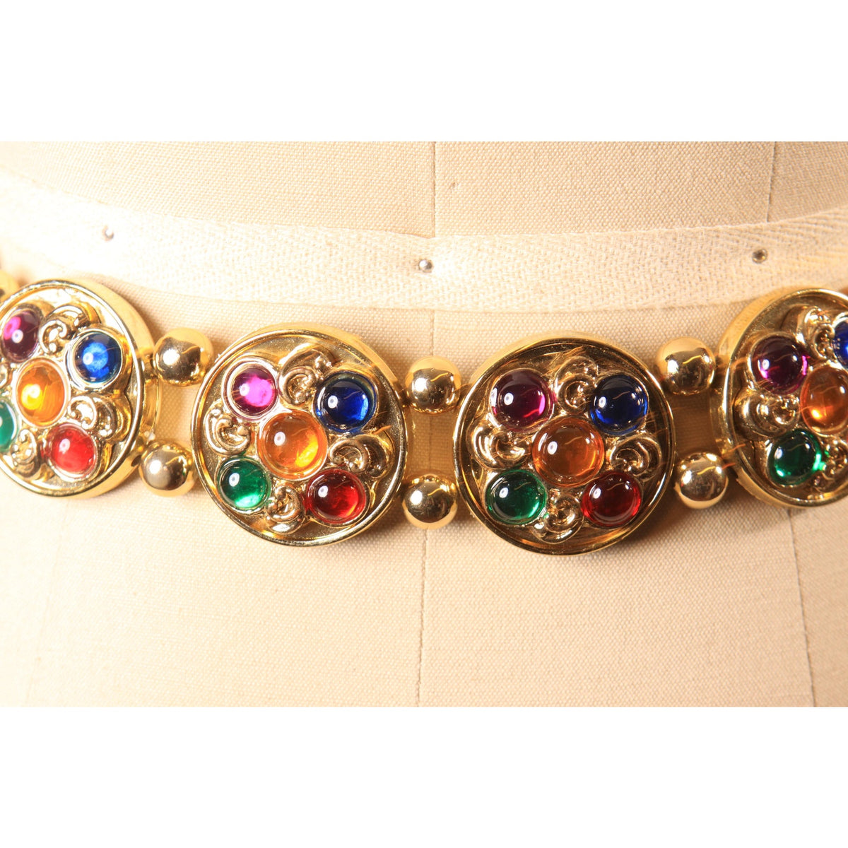 1980s Gold Tone Plastic and Metal Multi-Colored Bedazzled Gemstone Style Chain Belt