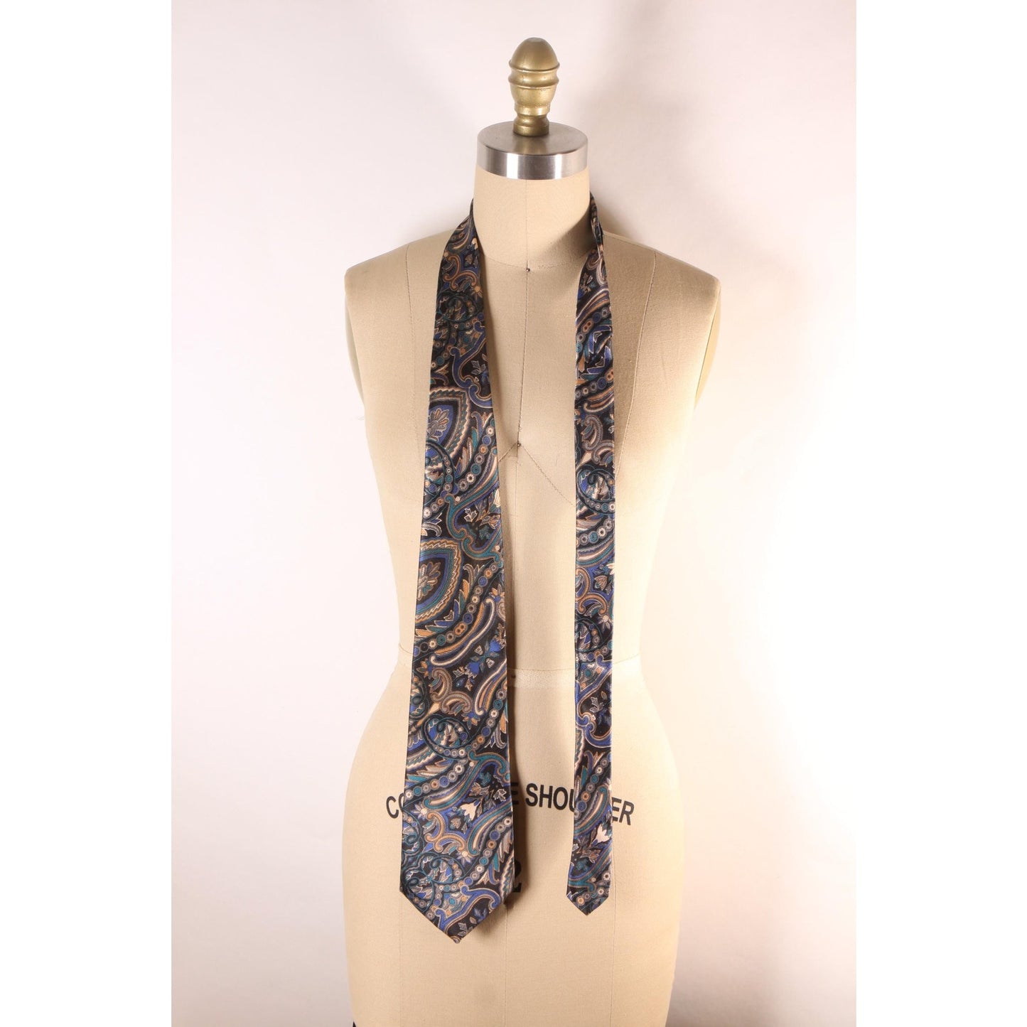 1980s Blue and Tan Paisley Print Necktie Tie by Manhattan