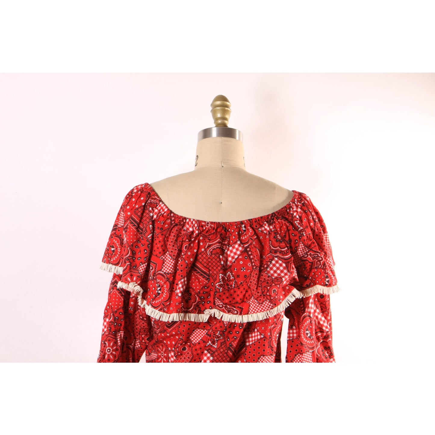 1980s Red, Black and White Novelty Bandana Print Fringe Trim Western Cowgirl Off the Shoulder Blouse Top -M