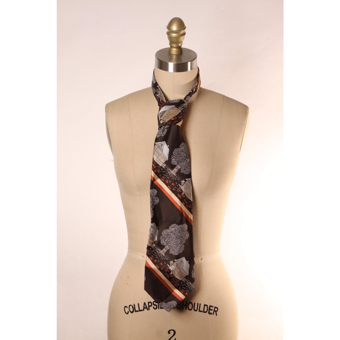 1970s Brown, White and Orange Novelty House Print Wide Necktie Tie by JCPenney