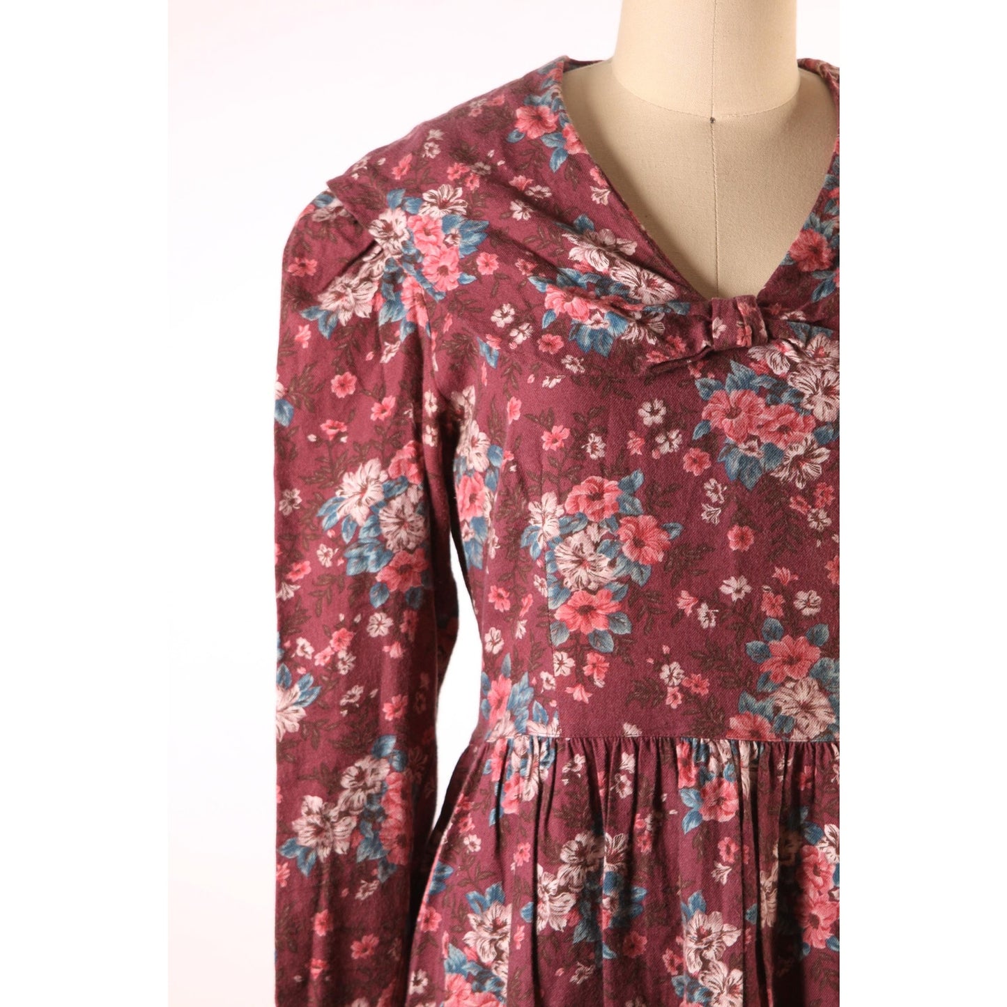 1980s Burgundy, Pink and Green Floral Sailor Collar Long Sleeve Dress by Laura Ashley-L