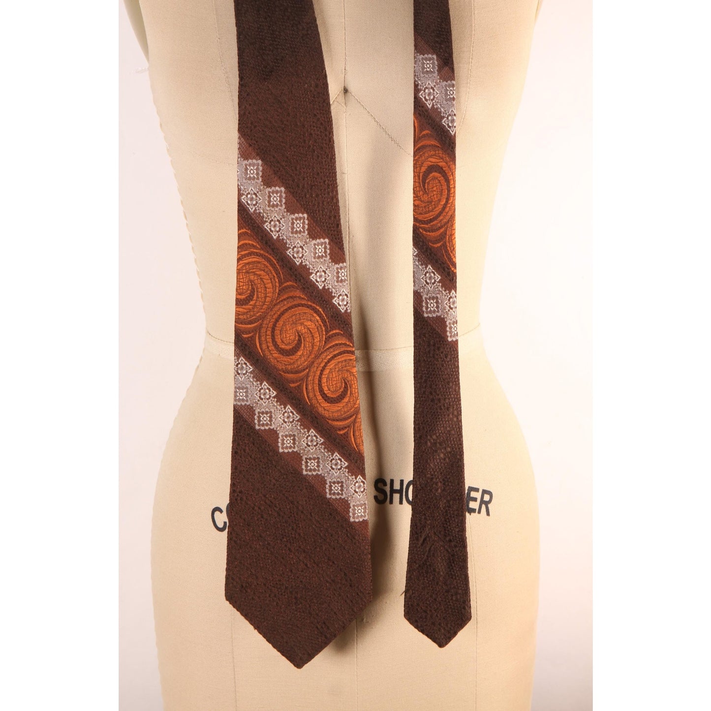1960s Brown, Orange and Tan Striped Abstract Swirl Necktie Tie