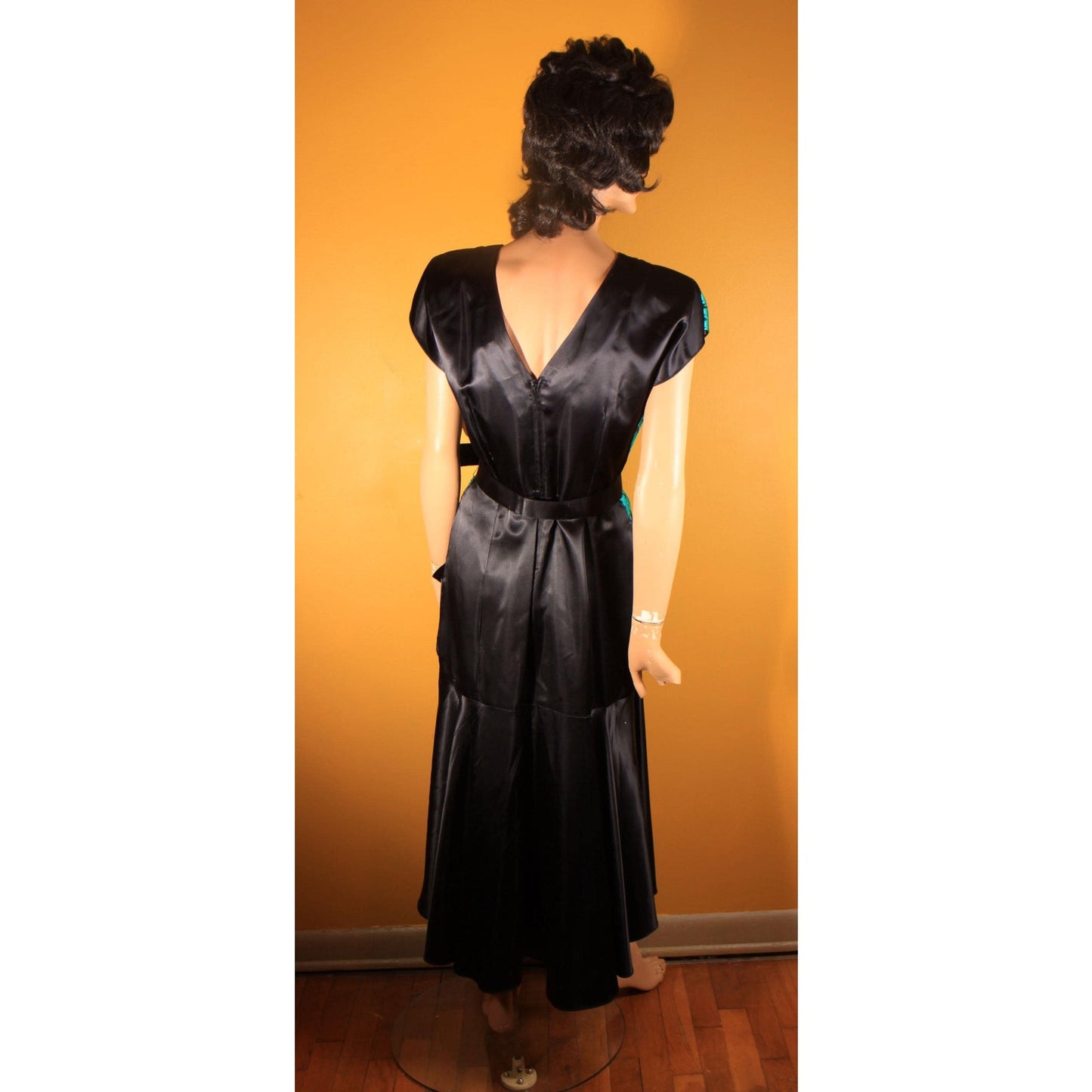 1980s Does 1940s Style Teal Blue Green and Black Sheer Cocktail Dress by Diamond's Run -L