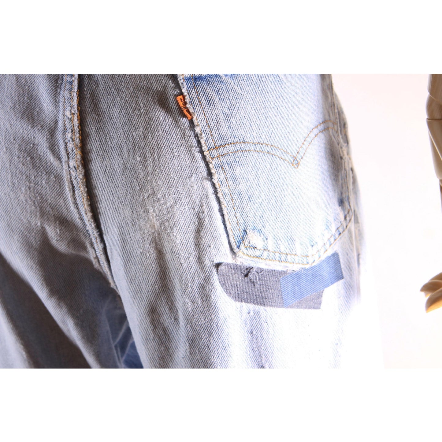 1980s Distressed Patch Fraying Blue Denim Orange Tab 517 Jeans by Levi's -38x30
